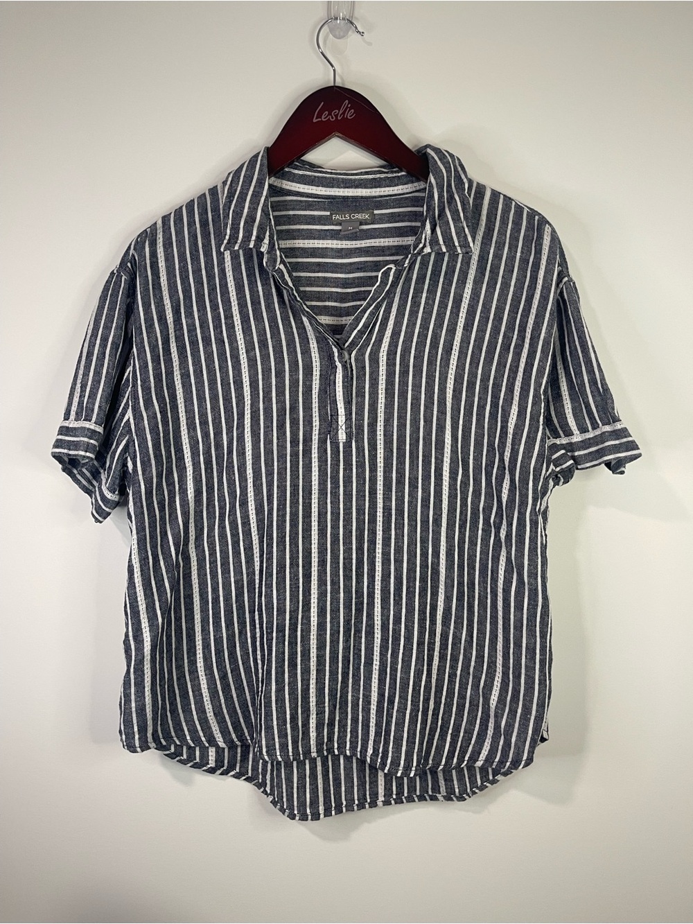 Falls Creek Navy & White Stripe Short-Sleeve  Shirt. Linen blend
